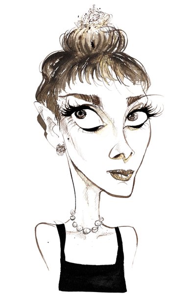 Audrey Hepburn (1929-1993) attrice belga, caricatura a colori come Holly Golightly dal film del 1961 Colazione da Tiffany (diretto da Blake Edwards) da Neale Osborne